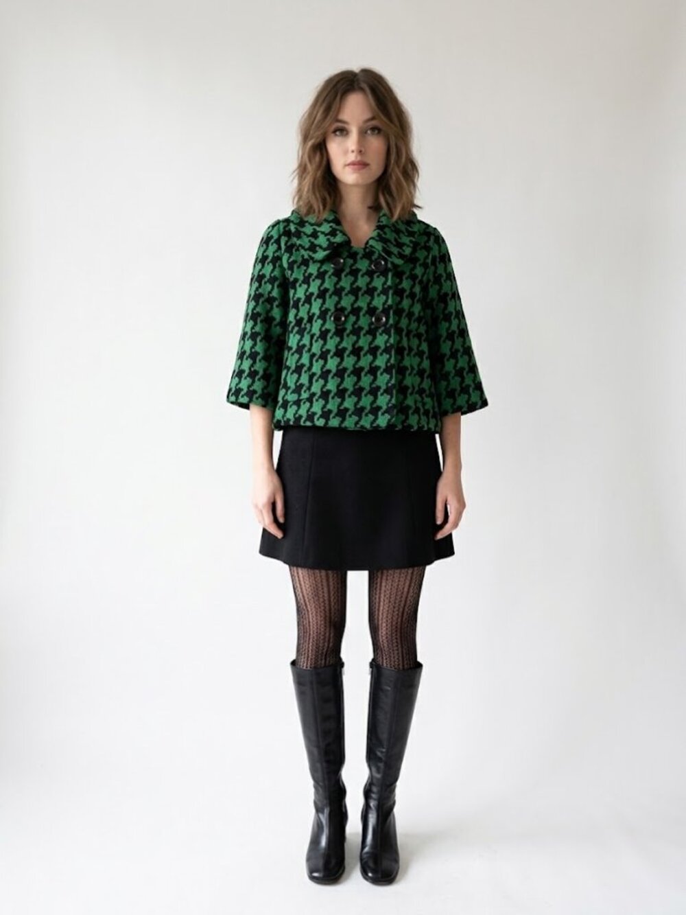 Priorities Green Black Houndstooth Cropped Wool Blend Coat Jacket M